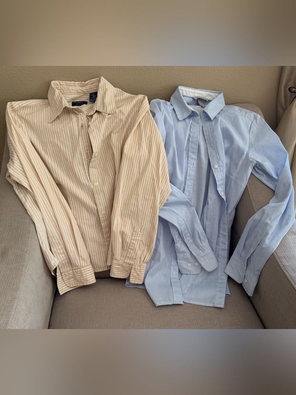 2 woman Botton front shirts. H&M blue & white 8. LC PM tan & white, cotton blend